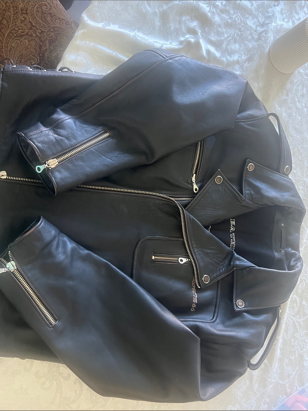Route 66 Black Genuine Heavy Leather Jacket With Bronze Embossing. Size Xxx-L.
